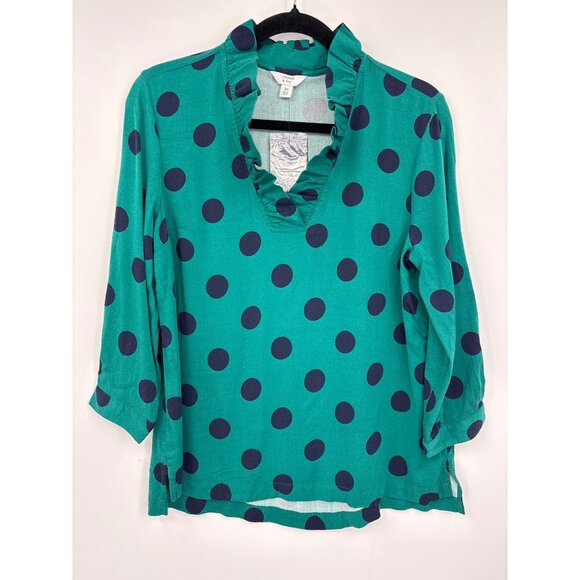 crown & ivy Tops - Crown & Ivy Ruffle Neck Polka Dot Blouse Top 3/4 Sleeve Green XS NEW